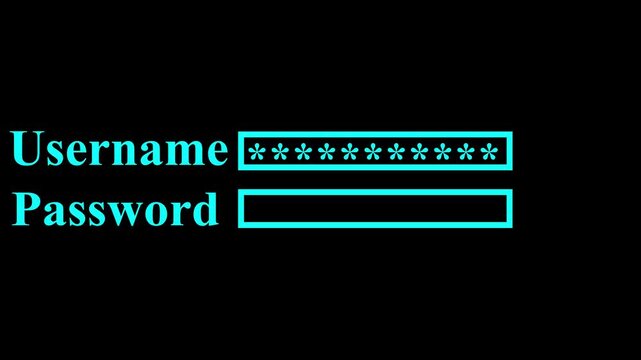 Animation process of entering username and password with access denied screen and check mark on black background.