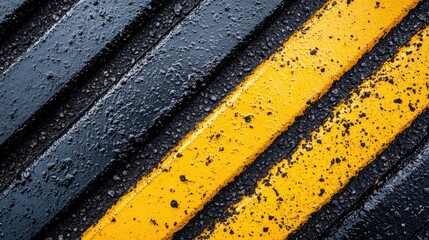 A vivid abstract image of wet black and yellow stripes on a surface, reflecting light and water droplets, expressing transformation through contrasts and interaction with the elements.