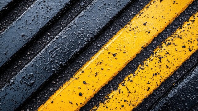 A vivid abstract image of wet black and yellow stripes on a surface, reflecting light and water droplets, expressing transformation through contrasts and interaction with the elements. - Powered by Adobe
