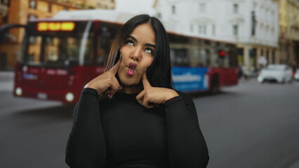 Fototapeta premium Smiling young woman on a busy street with a playful expression, surrounded by a vibrant outdoor city scene, featuring a bustling background and lively urban atmosphere.
