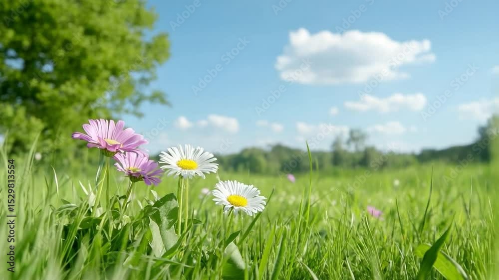 Poster blossom in bloom: a captivating view of daisies and vibrant pink flowers, dancing in the sunlight wi