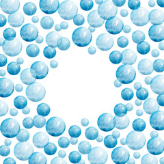 Round frame of watercolor blue light bubbles. For decoration, design, soap, shampoo, cosmetics, postcards, packaging, design. Isolated on white background.