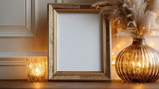 Gold picture frame, decorative vase, and candle holder arrangement