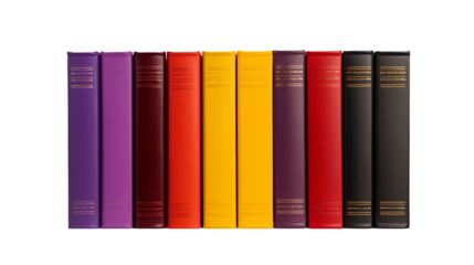A row of colorful books standing upright with purple red and yellow spines against a black background
