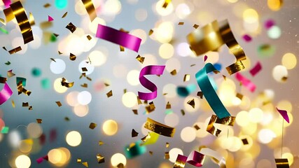 Colorful confetti swirling, gold glitter sparkling, blurred background highlighting jubilant copy celebration party space - Powered by Adobe