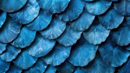 Obraz premium An artistic close-up of vibrant blue leaves layered beautifully, creating an intricate texture that evokes feelings of tranquility and the beauty of nature in artistic expression.