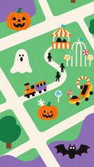 Naklejka premium A colorful Halloween map with a ghost, pumpkins, a bat, and a candy stand showing a festive event, suitable for party invitations and decorations