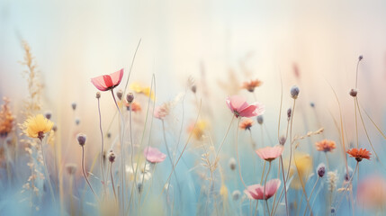 A soft focus image of a field of wildflowers with pink and yellow blooms against a light background