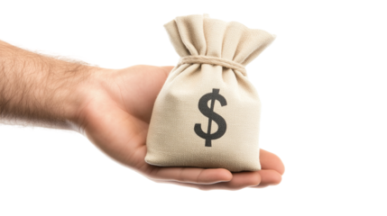Close-Up of Hand Holding Money Bag isolated on white or transparent background, png clipart, design element