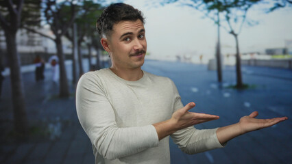 Young hispanic man extends hands on a city street outdoor setting, introducing an urban scene with...