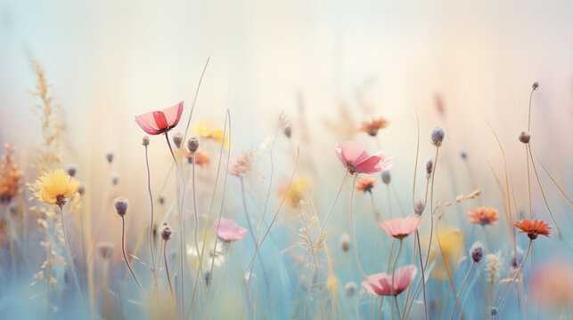 A soft focus image of a field of wildflowers with pink and yellow blooms against a light background