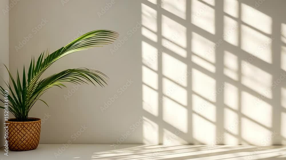 Poster natural window creating an abstract light of shadows from a pattern on a beige wall and floor, perfe