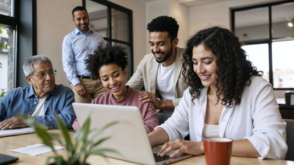 Smiling multiethnic business team working together and collaborating on laptop in bright casual office setting