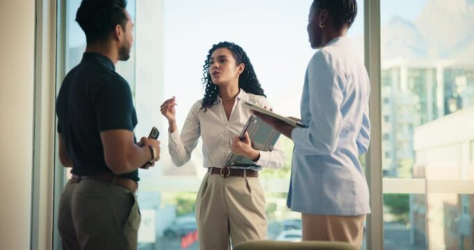 Business people, talk and meeting in office for real estate planning, feedback and schedule. Realtor, partner and woman in discussion with men for development project, teamwork or property review