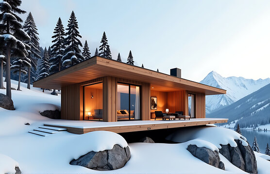 Fototapeta mountain retreat lodge featuring timber structure minimalist scandinavian style photorealistic