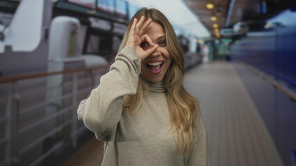 Woman with hand making ok sign on cruise deck near railing under daylight smiling broadly; joy approval.