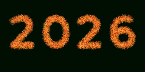 New Year banner with the numbers 2026 are made of golden tinsel on a dark background
