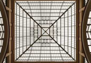Looking up of Glass ceiling with the Victorian iron at the East Court of the Alexander Palace built was originally named "The Palace of the People" or "Ally Pally" is a Grade II-listed venue. 