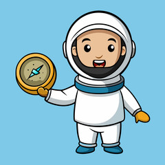 Cartoon astronaut holding a compass on a blue background