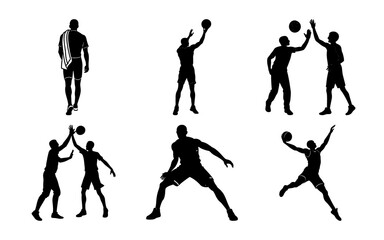 Dynamic vector silhouettes of people playing various sports, including basketball, in energetic action