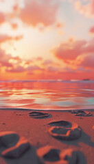 Sunset Beach Scene with Footprints in Sand and Vibrant Ocean Reflections

