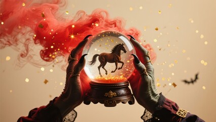A witch holds a snow globe with a horse inside, surrounded by red smoke and golden glitter, evoking a sense of magic and mystery in a fantastical setting