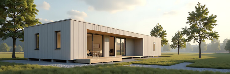 Fototapeta premium modular prefab school building highlighting passive house design minimalist scandinavian style photorealistic