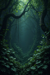 "Enchanted Forest with Lush Greenery and Dramatic Lighting"

