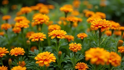 Bright orange marigold flowers blooming in lush green garden