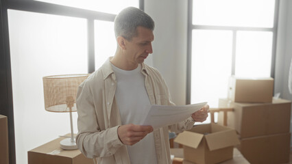 Man reading paperwork in a bright living room with boxes and a lamp, suggesting a recent move and...