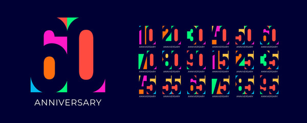 Colorful vibrant birthday anniversary jubilee numbers for celebration. Bright pop style for youth events, digital party branding, milestone years. Bold geometric flat vector illustration