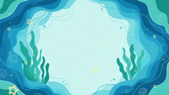 Cartoon underwater scene blue wavy background with seaweed stars shells bubbles and light center