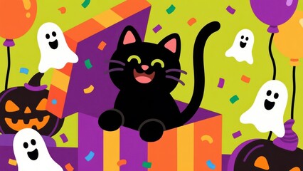 A cheerful cartoon of a black cat in a present box with smiling ghosts and pumpkins and confetti, a festive Halloween scene for kids and families