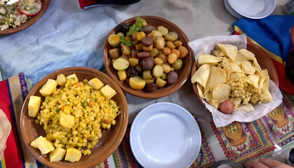 Traditional bolivian festival dish with corn, potatoes, and snacks displayed on colorful tablecloth.