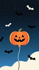 Fototapeta premium Festive Halloween night illustration with a pumpkin balloon and bats, set against a starry sky creating a spooky atmosphere perfect for seasonal cards and digital art .