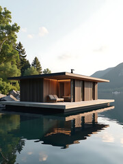 floating river hotel integrated rainwater harvesting system minimalist scandinavian style photorealistic