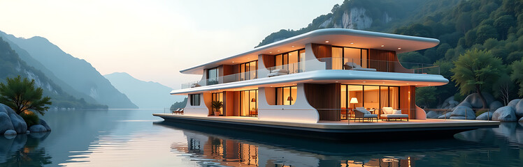 floating river hotel geothermal heating cooling futuristic parametric design photorealistic