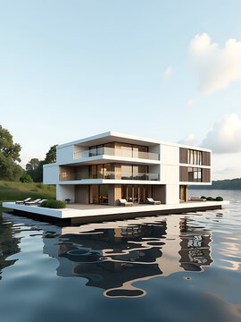 Fototapeta floating river hotel dynamic louvers minimalist scandinavian style photorealistic