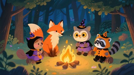 Adorable cartoon animals gather around a warm campfire in a magical forest at dusk, creating a cozy and enchanting Halloween scene .
