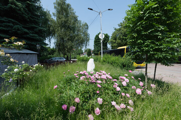 A vibrant roadside garden with pink flowers and a yellow bus on a sunny day.