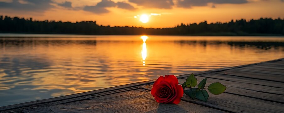 A red rose lying on a wooden pier overlooking a calm lake at sunset