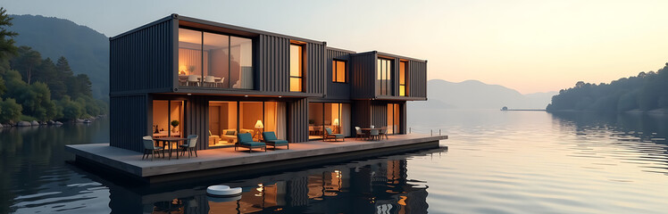 floating river hotel using recycled shipping containers futuristic parametric design photorealistic