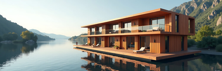 floating river hotel using recycled shipping containers futuristic parametric design photorealistic