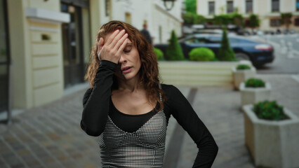 Fototapeta premium Woman with curly hair on city street appearing stressed with eyes closed in an outdoor setting, surrounded by urban buildings and planters, embracing a contemplative moment.
