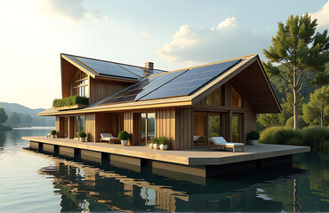 floating river hotel incorporating solar panel facades warm rustic aesthetic photorealistic