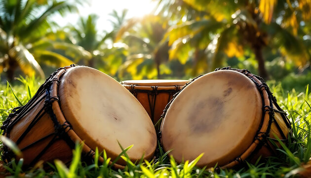 Vibrant jamaican festival celebration with traditional drums in lush tropical setting.