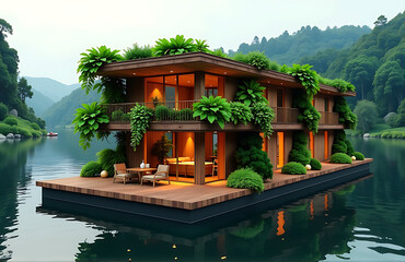 floating river hotel featuring vertical vegetable gardens warm rustic aesthetic photorealistic