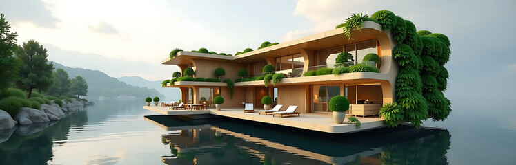 floating river hotel featuring vertical vegetable gardens futuristic parametric design photorealistic