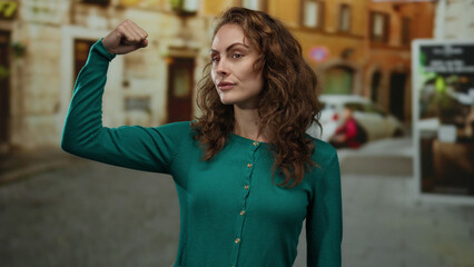 Woman standing confidently on a city street displaying her strength and joy in a vibrant green...