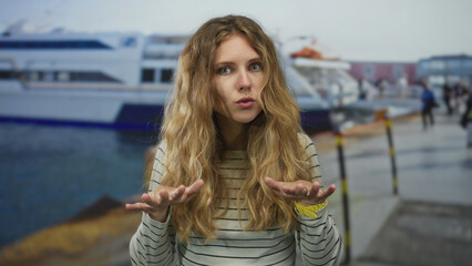 Casual scene shows woman raising hands with a calming motion at a crowded port, her blonde young hair framing a striped sweater on a ferry pier.